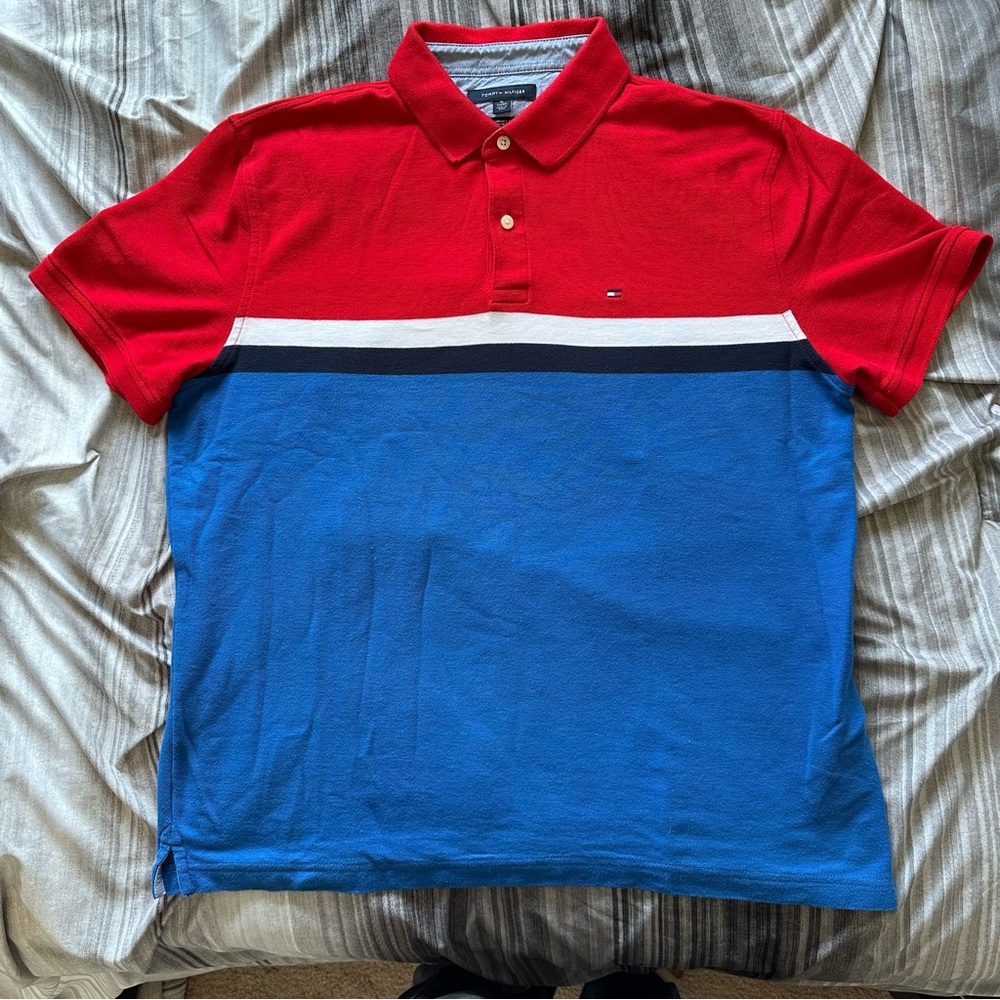 Vintage Tommy Hilfiger Red and Blue Men's Polo Shirt